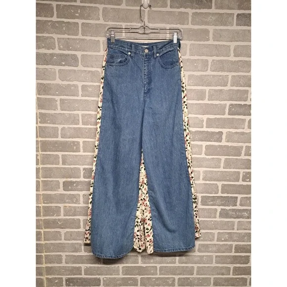 CLANE Womens Denim Floral Wide Leg High Waist Pants Bohemian Size 25 - Picture 1 of 12